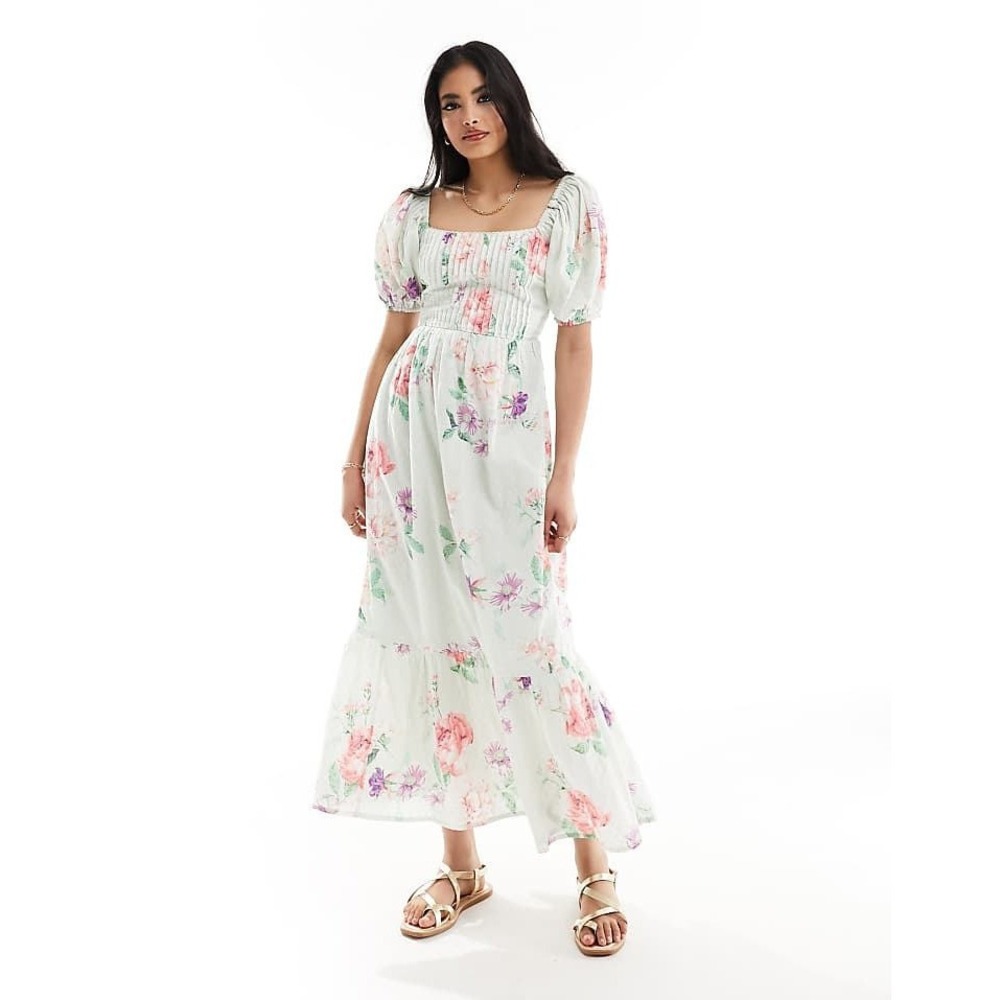 Asos Design Cotton Floral Midi Dress Lace Up Tiered Pastel Puff Sleeve (Size 8)
